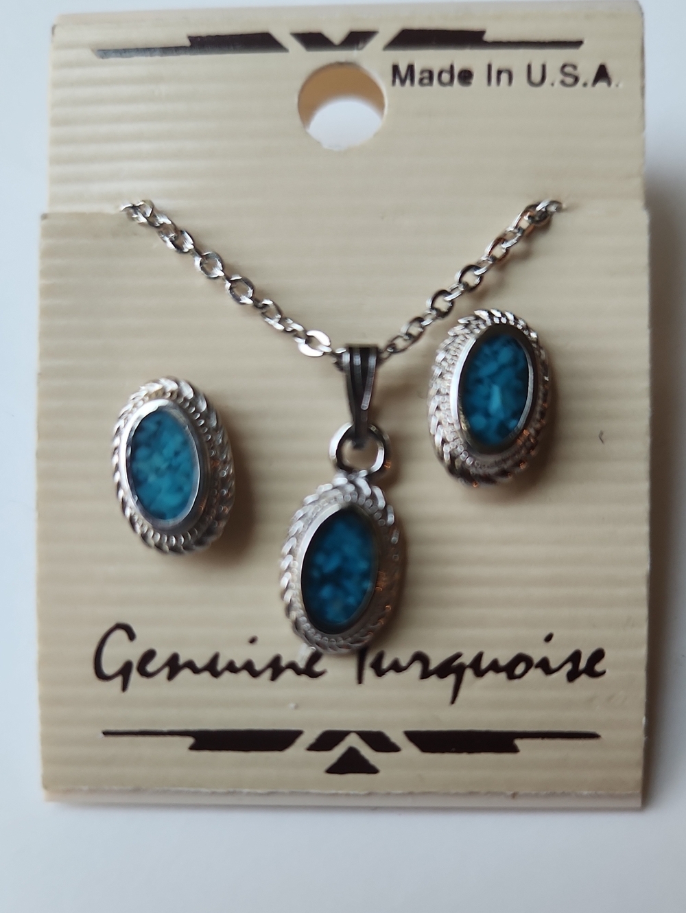 Genuine Turquoise Oval Pendant & Earring Set - Silver Tone